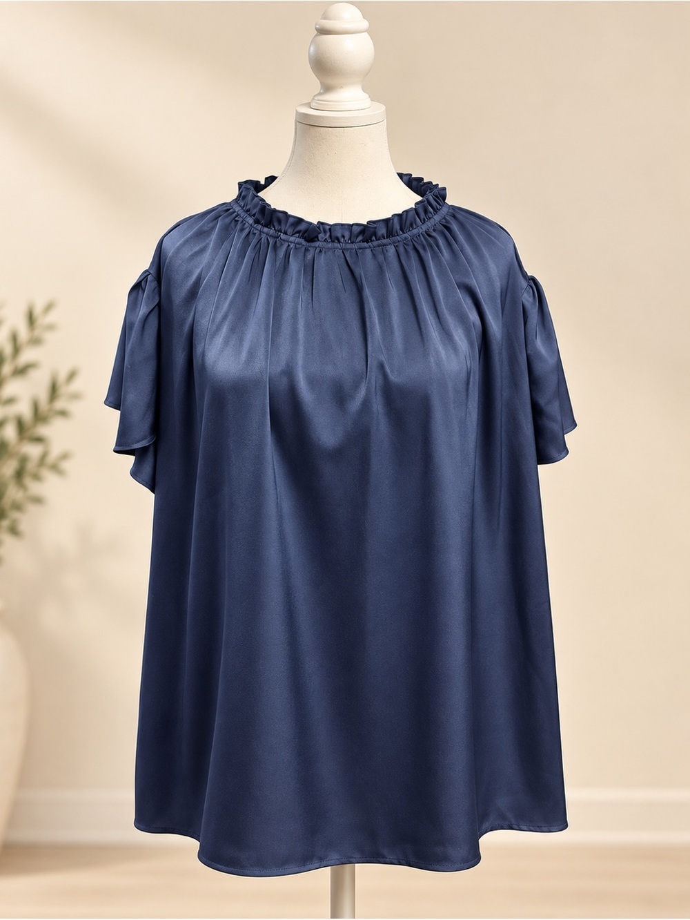 PRETTYGARDEN Navy Satin Cold Shoulder Blouse Size XXL